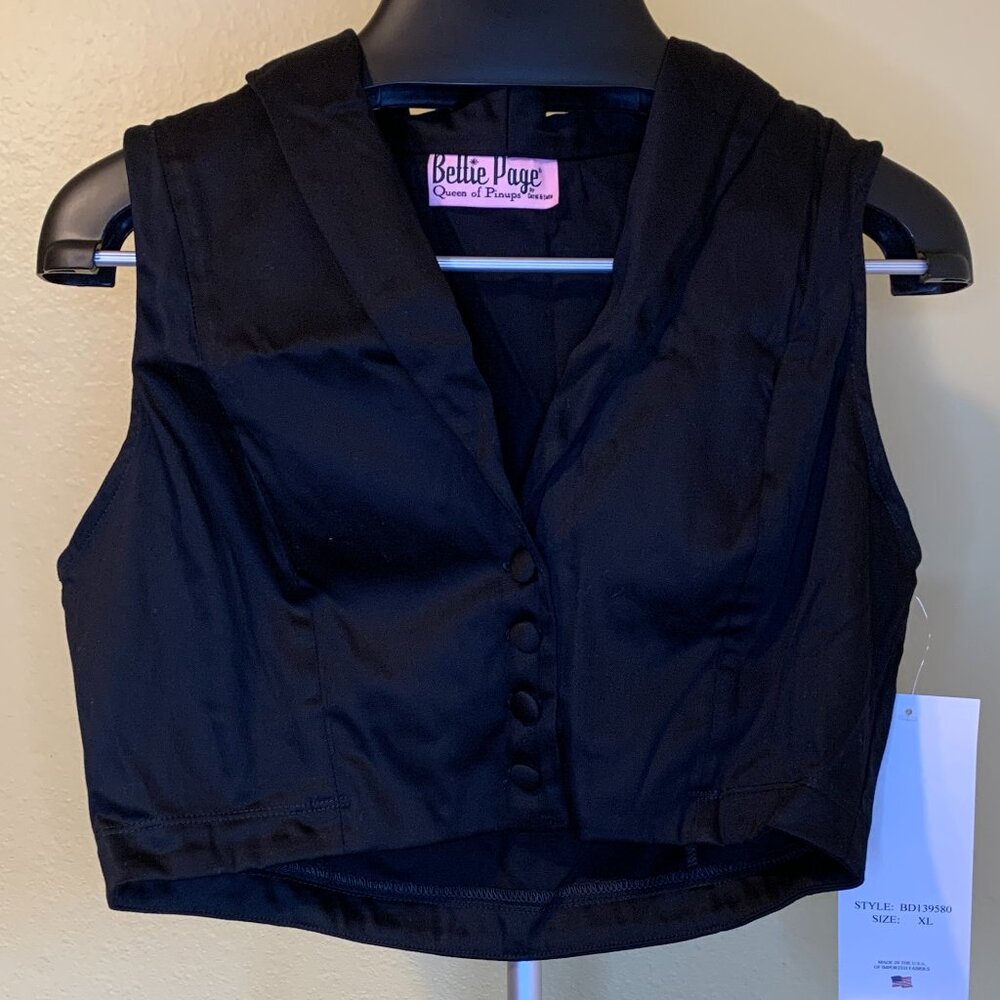 Bettie Page Black Tucson Sleeveless Collared Crop Vest Top Size X-Large NWT - Picture 2 of 6